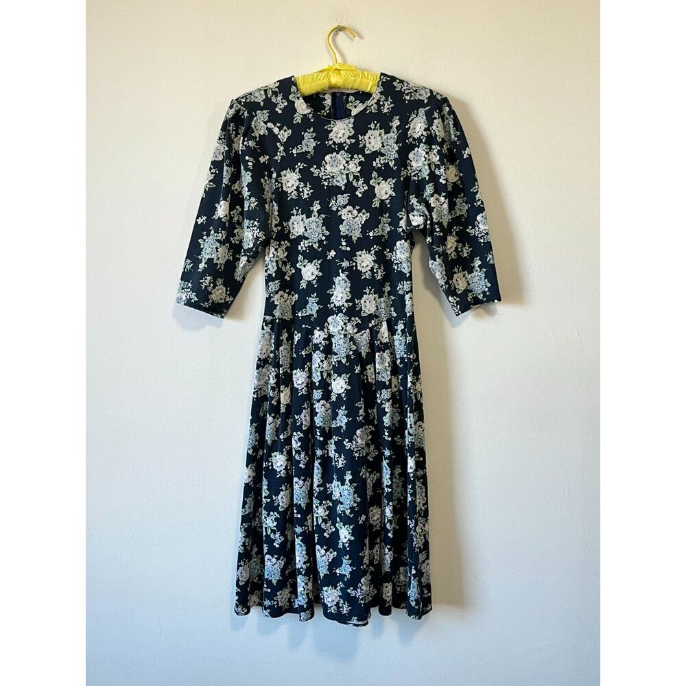 80s Vintage Cotton Blend Navy Blue Floral Print Dress Puff Sleeve Joni Blair 7
